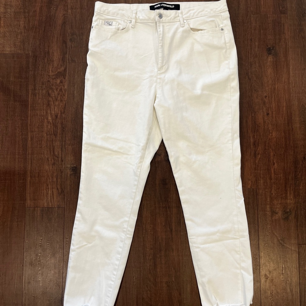 Karl Lagerfeld White Jeans Women's Size 16 Straight Leg Embroidered Raw Hem